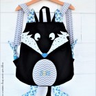lpl - Sac à dos Zanimo "Max le Loup" Noir - Chevron gris et gouttes bleu-sarcelle